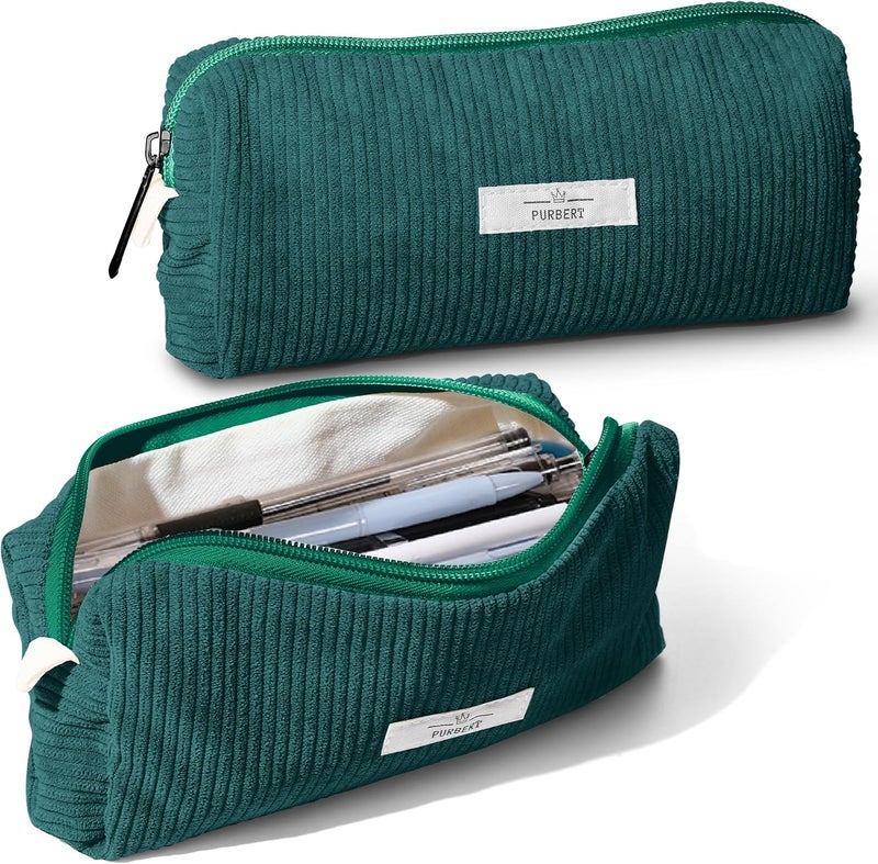 Purbert Pencil Bag Pen Case, Soft Corduroy Small Pencil Pouch Organizer with Zipper, Cute Pencil Case Pouch Stationery for Girls and Boys – Dark Green - Image 1